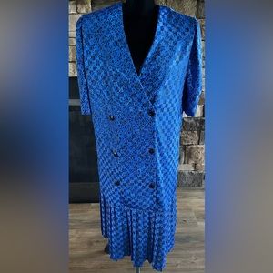 Vintage Alexis Fashion Inc. Dress Size 13/14 Blue/Black Button Front,Pleated